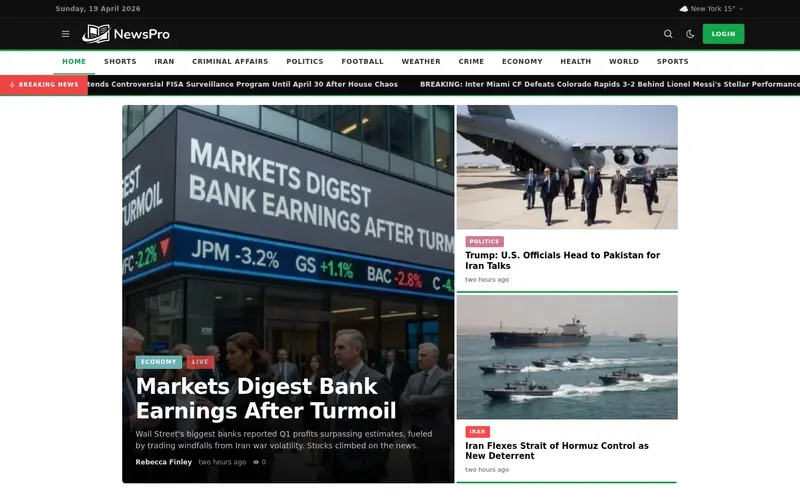 NewsPro 'arena' template — homepage screenshot at 1440x900