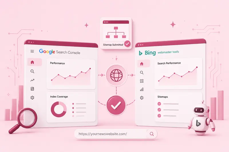 Google Search Console and Bing Webmaster Tools with sitemap submitted Side-by-side illustration of Google Search Console and Bing Webmaster Tools dashboards showing performance graphs, index coverage, sitemaps, and a submitted sitemap confirmation — with a news site URL in the browser bar below.