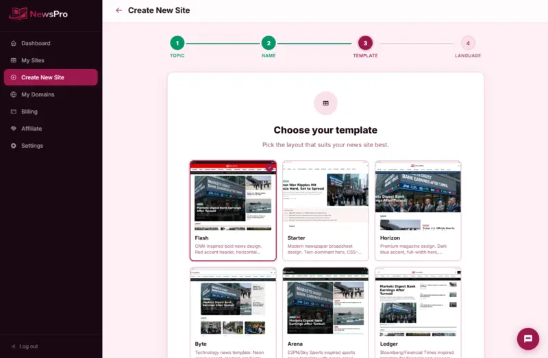 NewsPro site creation wizard — Step 3: Choose your template Screenshot of the NewsPro customer portal showing step 3 of the site creation wizard. The template selection grid displays Flash, Starter, Horizon, Byte, Arena, and Ledger templates with preview thumbnails.
