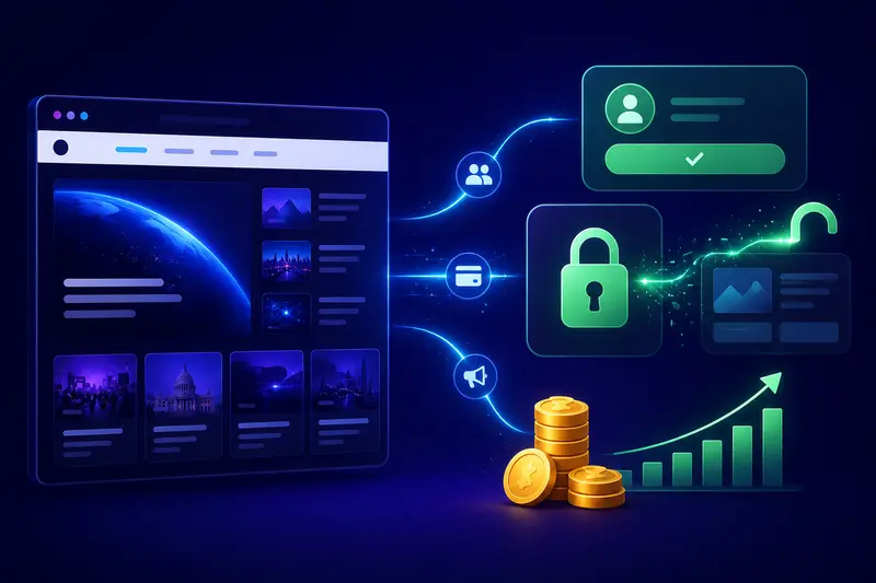 Monetizing a news website from day one News website monetization with subscriptions, an unlocking paywall, and a rising revenue chart.