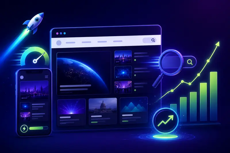 SEO and growth for a modern news website News website SEO and growth signals: fast mobile page speed, a rising traffic graph, and climbing search rankings.