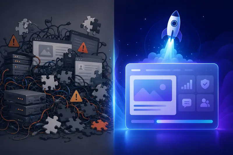 Old website stack vs. modern all-in-one platform Comparison of a cluttered WordPress and plugins website stack versus a clean all-in-one platform for starting a news website in 2026.