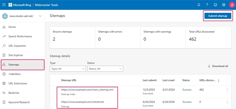 Demo Bing Webmaster Tools